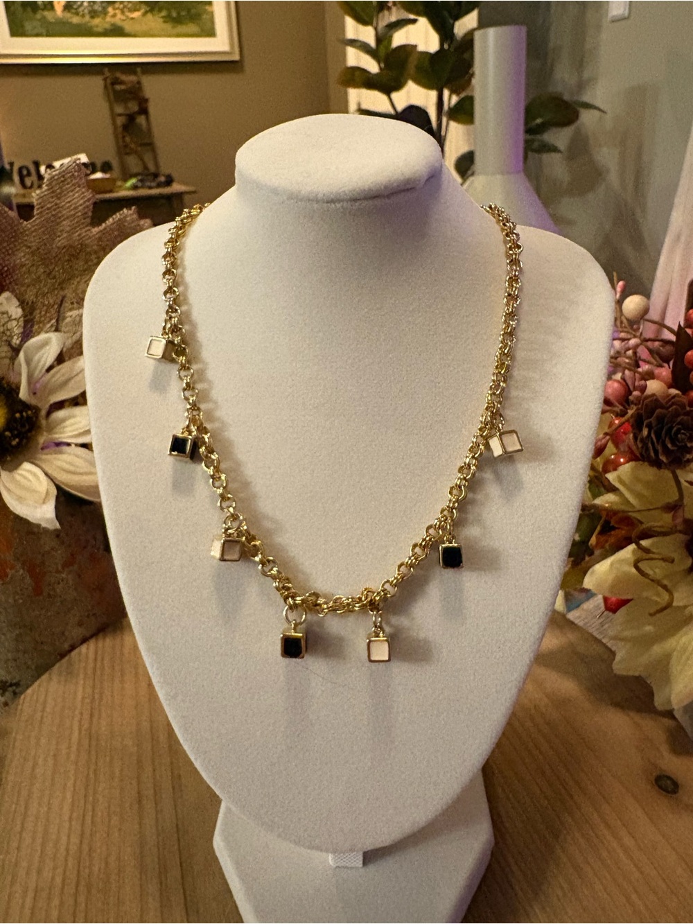 Gold Tone Chain Necklace with Black & Ivory Square Charms